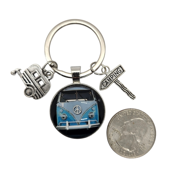 Keychain Retro Van Light Blue Volkswagen Bus Peace Sign - Picture 4 of 9